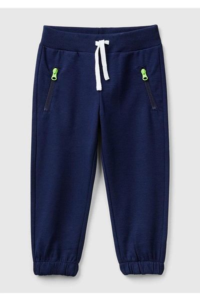 United Colors of Benetton Navy Blue Boy's Sweatpants - Zippered, Elastic Waist, Drawstring Gathered