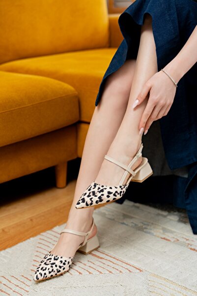 DİVOLYA Elsa Beige Leopard Print - Pointed Toe Ballerina Shoes with 4 cm Heels