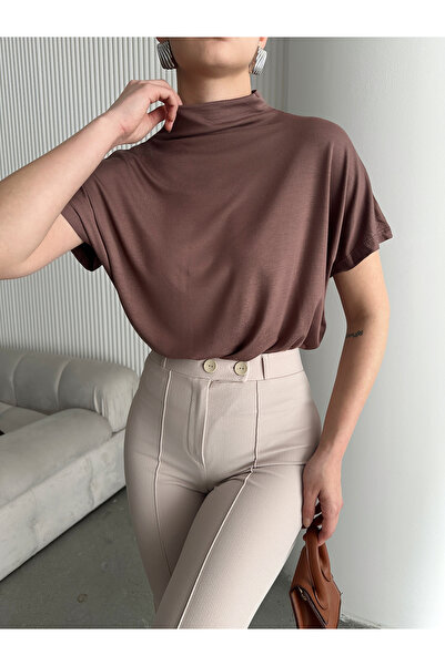 Look Forward Γυναικεία μπλούζα με γιακά καφέ με βισκόζη ελαστικό ύφασμα με ανοιχτό ώμο