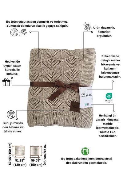 DALİSA Emily Beige Knitwear Knitted Bedspread, Multi-Purpose Sofa Cover
