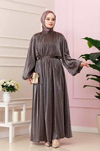 Sevitli Βραδινό φόρεμα με μπαλόνι μανίκι Stone Şimal-Καφέ