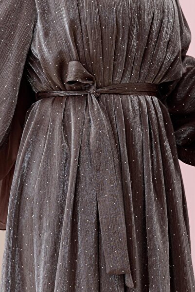 Sevitli Βραδινό φόρεμα με μπαλόνι μανίκι Stone Şimal-Καφέ