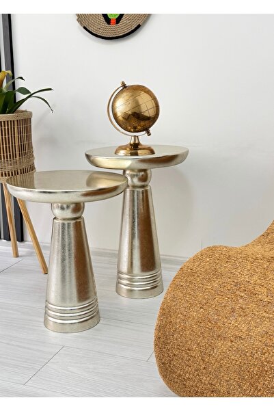 ASELYA HOME Ahşap 2’li Set Handmade Mantar Yan Sehpa Modern Gümüş Renk Varak ...
