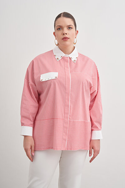 Aker Kırmızı Çizgili Cotton Taş Işlemeli Gömlek