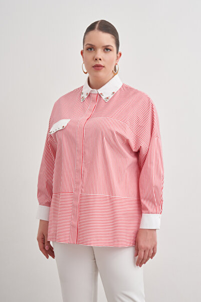 Aker Kırmızı Çizgili Cotton Taş Işlemeli Gömlek