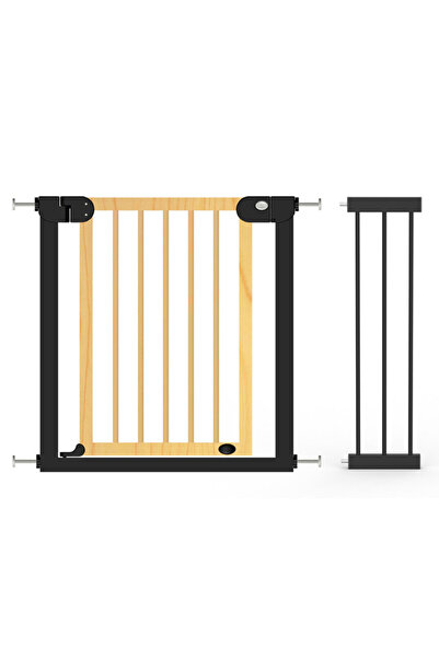 BabySafe بوابة أمان خشبية للأطفال مع امتداد 21 سم باللون الأسود - خشب طبيعي