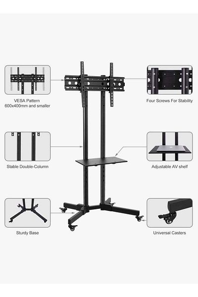 erorex Mobile Rolling Tv Cart For 32"-75" Tvs – Lockable Wheels, 50Kg Capacity, Height Adjustable