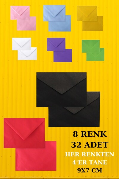 Emtory Home 32 Adet Renkli Zarf - 9x7 cm - Kartvizit Zarfı - Hediye Zarfı - P...