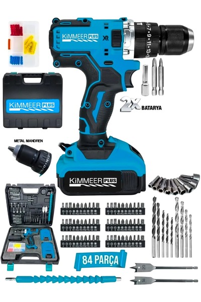 Jetta Power Tools Kimmer Plus 14.4 V 2ah Şarjlı Matkap Metal Şanzuman Bakır Sargılı Çift Akülü 84 Parça Set Hediye