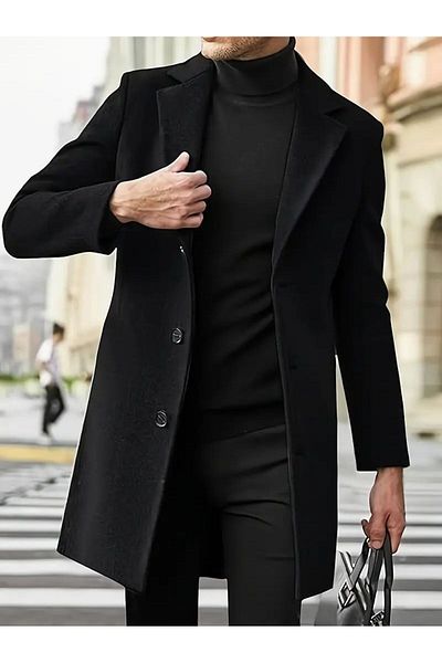 Mero Life Μαύρο παλτό με βελονιά Slim Fit - Μονό σκίσιμο και κουμπιά