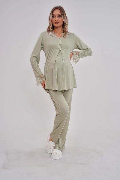 Pelin Women's Green Lace Detailed Maternity Maternity Pajama Set