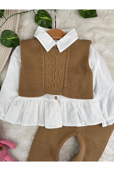 Minizade 3-Piece Knitwear Premium Baby Girl Set with Crop Sweater and Shirt