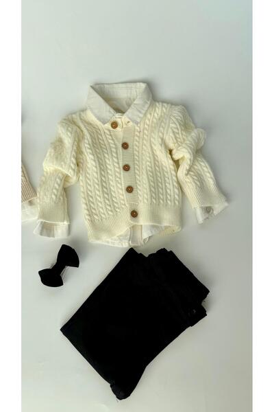 miabambim Ecru Hair Knit Knitwear and Cardigan Set for Baby Boy