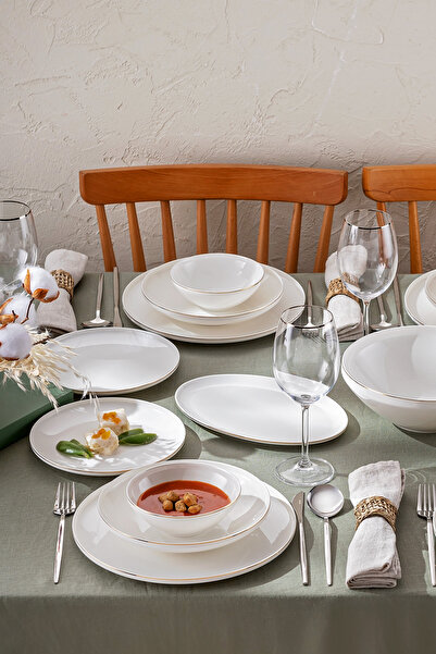 Emsan Alya New Bone 53 Parça 12 Kişilik Yuvarlak Yemek Takımı Beyaz Gold