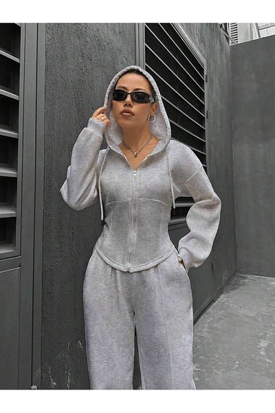 aynewmoda Set de hanorac și pantaloni casual pentru femei, cu glugă și fermoar, simplu și elegant pentru purtarea zilnică