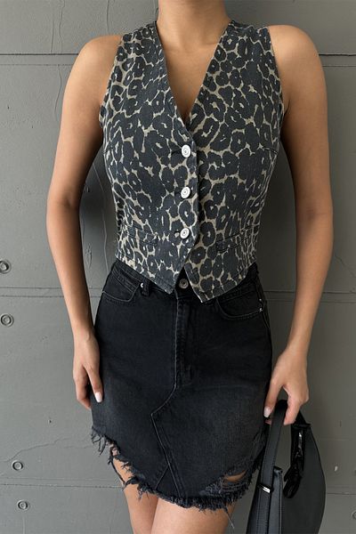 Maule 100% Cotton Gabardine Leopard Printed Buttoned Women's Vest @Sassari