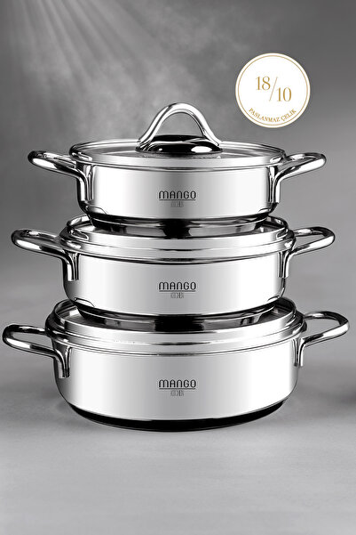Snippy Mango Kitchen - Silver 6-Piece Stainless Steel Saucepan Set (16-18-20 cm) 18/10 Stainless Steel