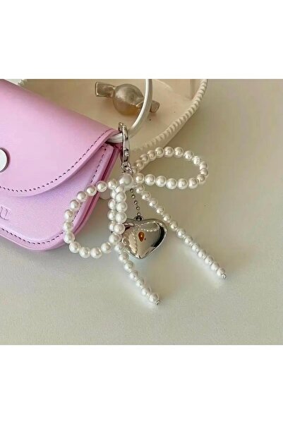 TOPLINE White Pearl Ribbon Silver Detailed Bag Charm