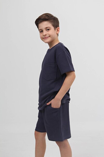 Perendi Σετ μπλουζάκι και σορτς με υφή βάφλα για αγόρια - με τσέπες, καπνιστό