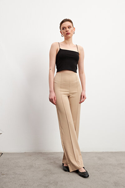 Bipantolon Women's Cream High Waist Ribbed Stitched Flexible Trousers