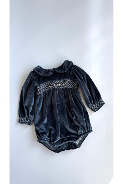 miabambim Rokoko Nakışlı Kadife Kız Bebek Tulum Petrol Mavisi