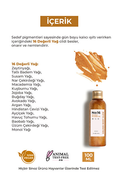 SİNOZ No:16 Mucizevi Işıltılı Saç Ve Vücut Bakım Yağı 100 Ml - Parıltılı Nemlendirici Bakım