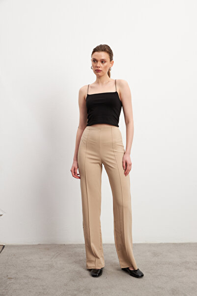 Bipantolon Women's Cream High Waist Ribbed Stitched Flexible Trousers