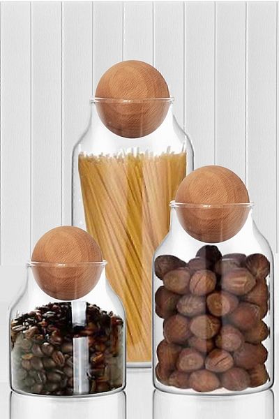 Bizim evimiz Glass Jar with Wooden Ball Lid Set of 3