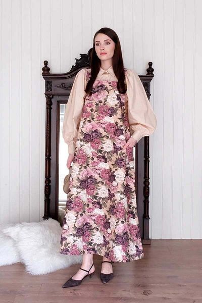 Ceylan Otantik Purple Floral Print Linen Skirt Salopet & Cream Classic Collar Crop Shirt