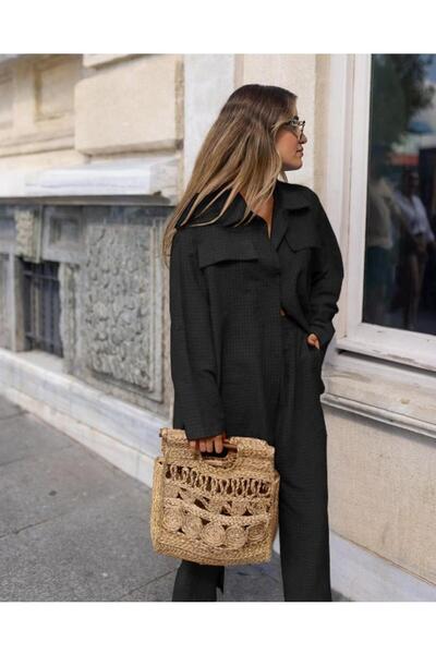 onlyvouge Paçaları Yırtmaçlı Dokuma Yüksek Bel Gömlek Pantolon Takım