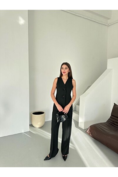 My Blog Set pantaloni vestă cu nasturi cu flori negre - 8544