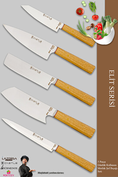 CASTLE KITCHEN Elite Serisi Mutfak Bıçak Seti Et Ekmek Sebze Salata Fileto Şef Bıçağı 5 Li Set ( Mft-8654)