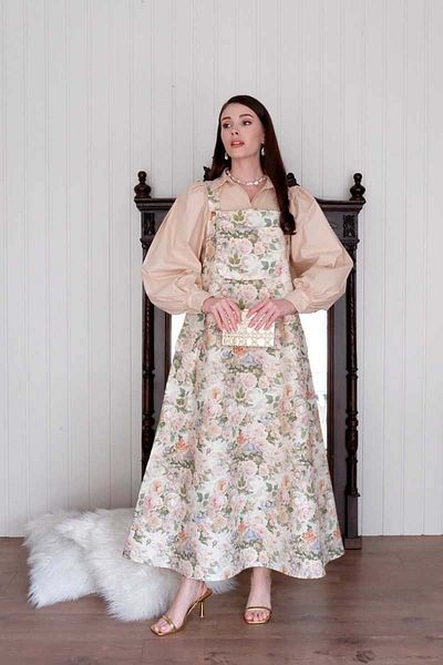 Ceylan Otantik Cream Floral Print Linen Skirt Salopet & Cream Classic Collar Crop Shirt