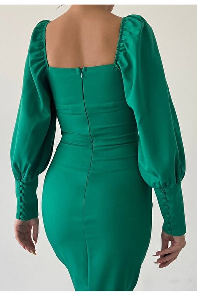 WOMAN VISION Γυναικείο Emerald Atlas υφασμάτινο μίντι βραδινό φόρεμα με τετράγωνο λαιμό με κουμπιά και σχισμή λεπτομέρεια 283