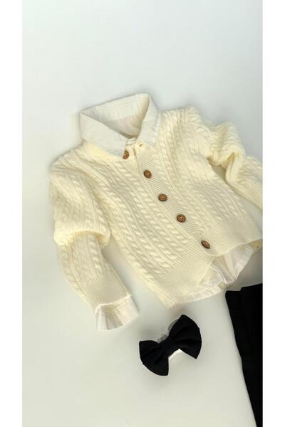 miabambim Ecru Hair Knit Knitwear and Cardigan Set for Baby Boy