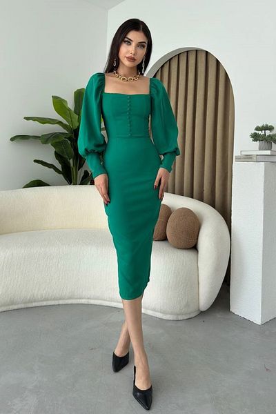 WOMAN VISION Women's Emerald Atlas Fabric Square Neck Button and Slit Detail Midi Evening Dress 283