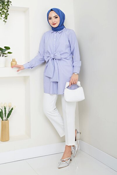 Nevayla Moda قميص بوبلين مخطط بربطة عنق - أزرق / Ü103