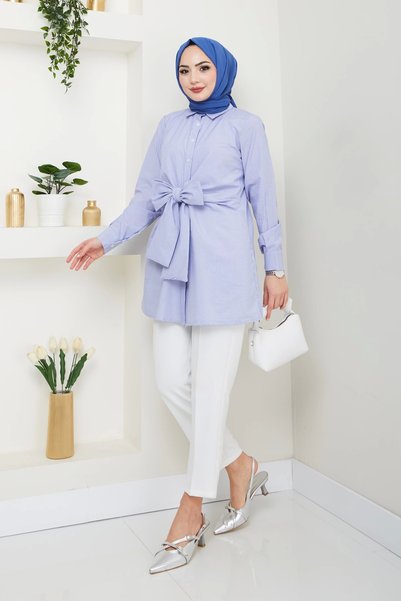 Nevayla Moda Striped Poplin Tie-Collar Shirt - Blue / Ü103