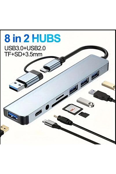 Choice موزع USB من النوع C فضي 8 في 2 مع محول مقبس صوت 3.5 مم وقارئ بطاقة Micro SD