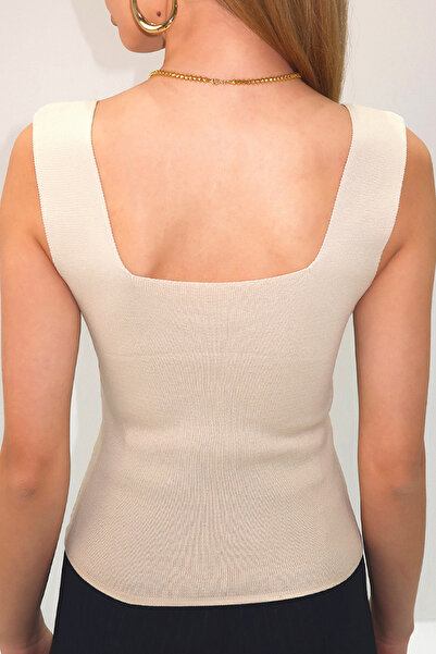 VAGGON Women's Bitter Brown-Beige Square Collar Seasonal Mercerized 2-Piece Knitwear Blouse Prmx13744