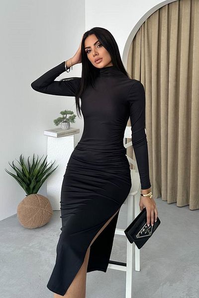 WOMAN VISION Γυναικείο βραδινό φόρεμα μίντι φόρεμα 302 σε μαύρο αμμώδες ύφασμα με μισό ζιβάγκο και σχισμή