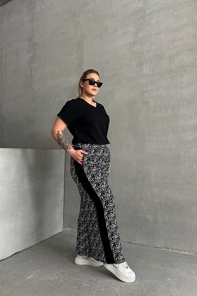 Stil Diva Plus Size Wide Leg Elastic Waist Pocket Patterned Trousers 303772