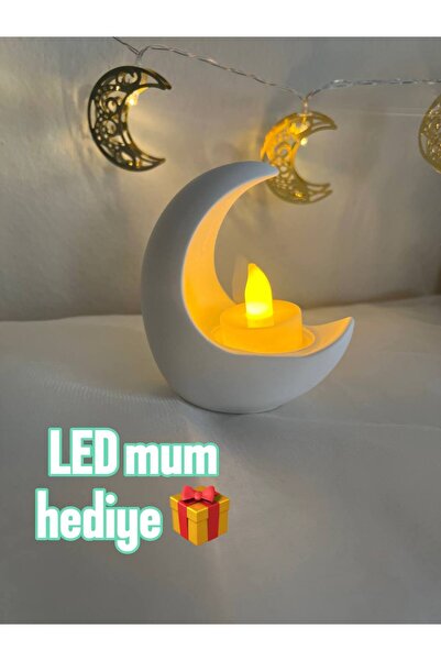 Love Candle Dekor Beyaz Ay Şekilli Mumluk, Ramazan Dekorasyonu, Ay Şeklinde T...
