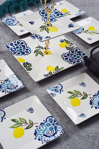 Piatti Naturali Catering Set Lemon Ceramic Double Layer Presentation Plate & 6-Piece Dessert Pastry Plate Cookie Tray Catering