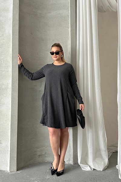 Stil Diva Plus Size Long Sleeve Crew Neck Pocket Ribbed Dress 304008