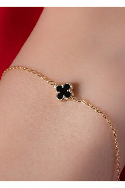 YCL JEWELLERY Siyah Altın Yonca Bileklik 6mm 8 ayar Altın