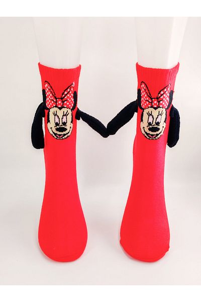 Shuttle Park Minnie Mouse Holding Hands with Magnet Unisex Socks Casual Style Patterned Red Colored College Socks