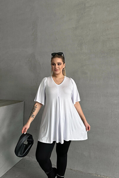 Stil Diva Plus Size V-Neck Patternless Asymmetrical Cutout Lycra Blouse Mdl-2