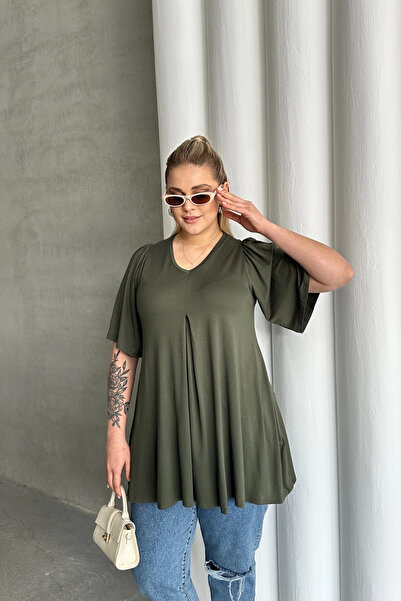 Stil Diva Plus Size V-Neck Patternless Asymmetrical Cutout Lycra Blouse Mdl-4