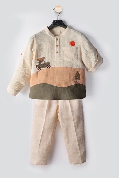 Ofislot Patterned Linen Baby Boy's Suit Double Boy's Suit Baby Boy's Clothing Baby Boy's Sub-Master Suit